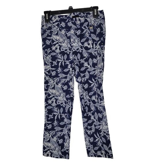 Rafaella Pants - Rafaella Comfort Size 6 Navy Blue White Floral Print Stretchy Pull On Crop Pants
